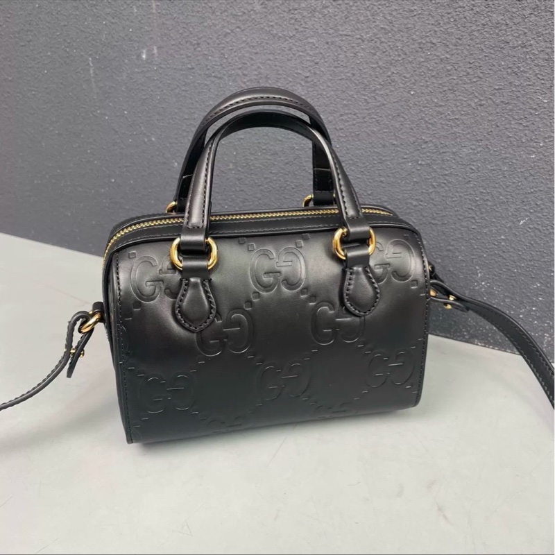 全網最低價🤩Gucci黑色全皮logo壓紋迷你波士頓包手提斜挎單肩包-14