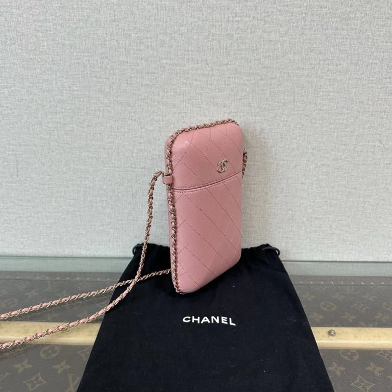 CHANEL 粉金菱格紋膠囊肩背斜背手機包 12*21*2 99新配件塵袋吊牌保卡-1