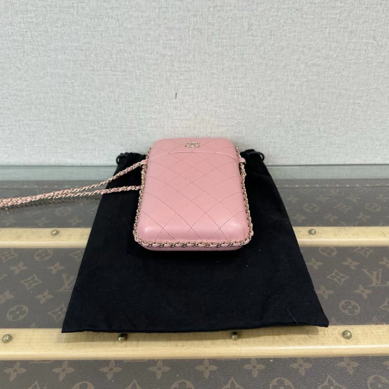CHANEL 粉金菱格紋膠囊肩背斜背手機包 12*21*2 99新配件塵袋吊牌保卡-3