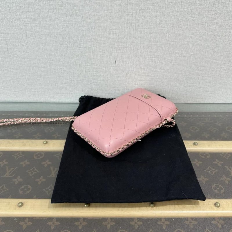 CHANEL 粉金菱格紋膠囊肩背斜背手機包 12*21*2 99新配件塵袋吊牌保卡-4