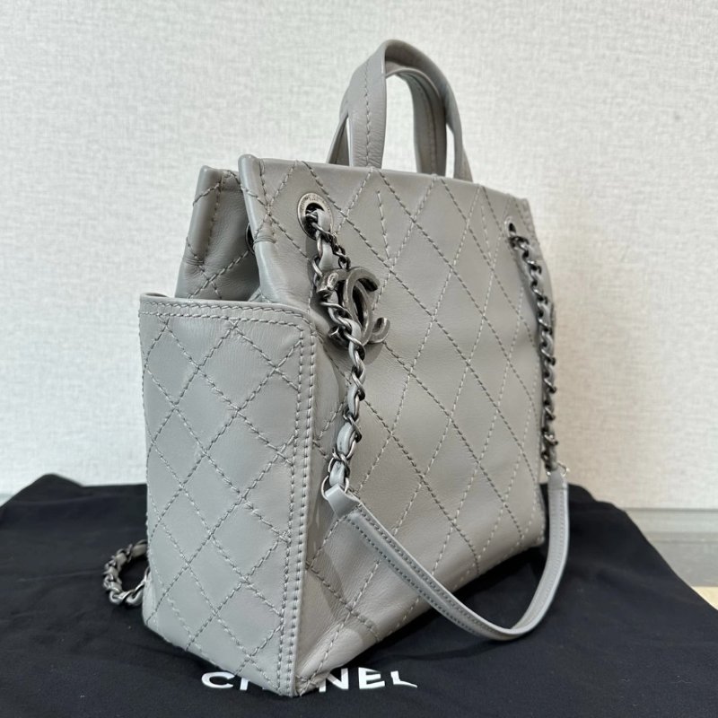 CHANEL 灰色銀扣菱格紋手提托特包 26*24*11 98新配件塵袋-1