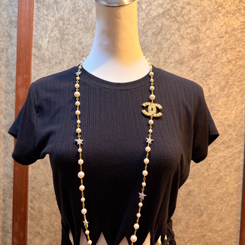 (項錬保留中) Chanel 雙C水鑽耳骨耳環+雙C水鑽星星珍珠長項鏈(2種戴法)-6