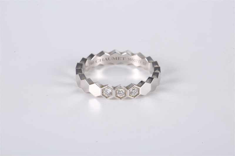 CHAUMET(尚美巴黎)  18K白金 鑽石 白金 蜂巢 三鑽 寬版 戒指 52 18K-3