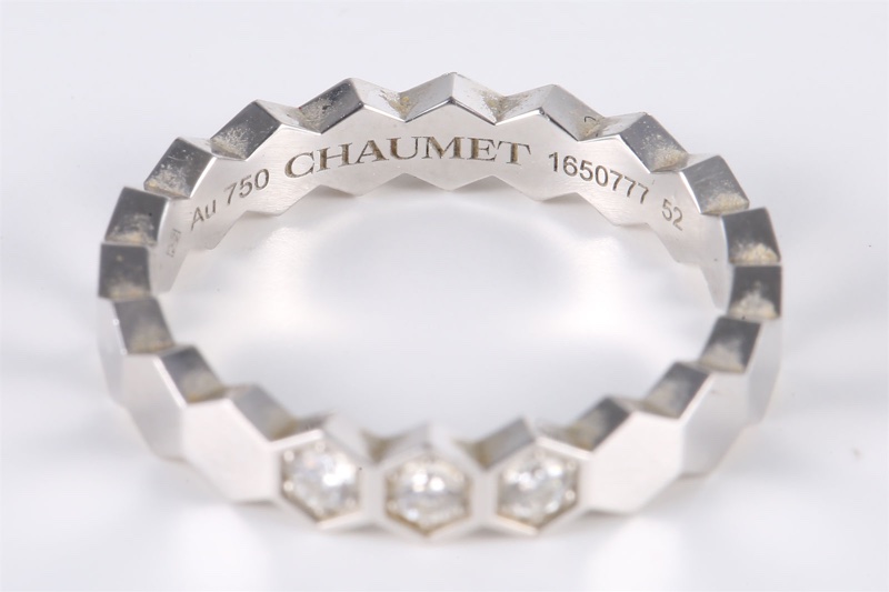 CHAUMET(尚美巴黎)  18K白金 鑽石 白金 蜂巢 三鑽 寬版 戒指 52 18K-4