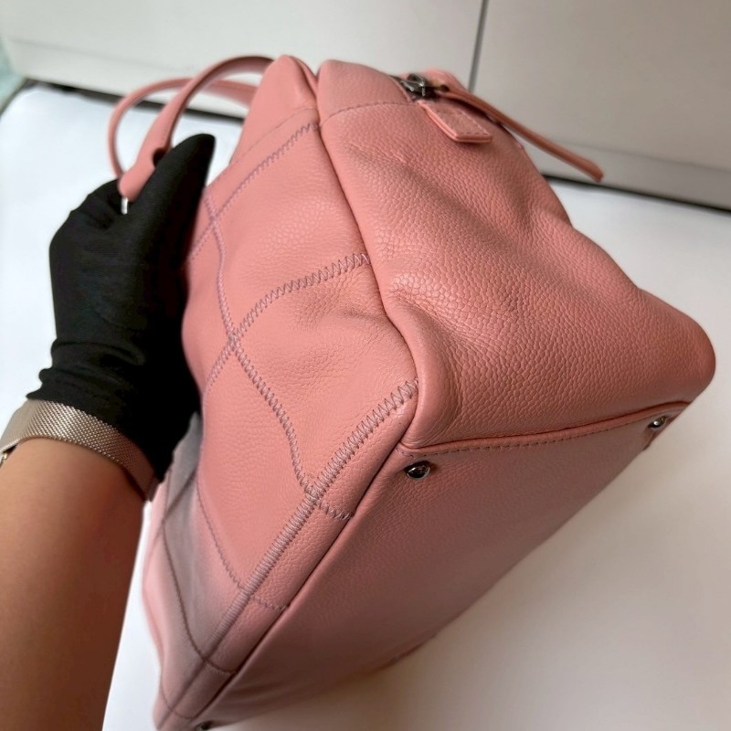 Chanel 粉色荔枝皮方格肩背波士頓包-8