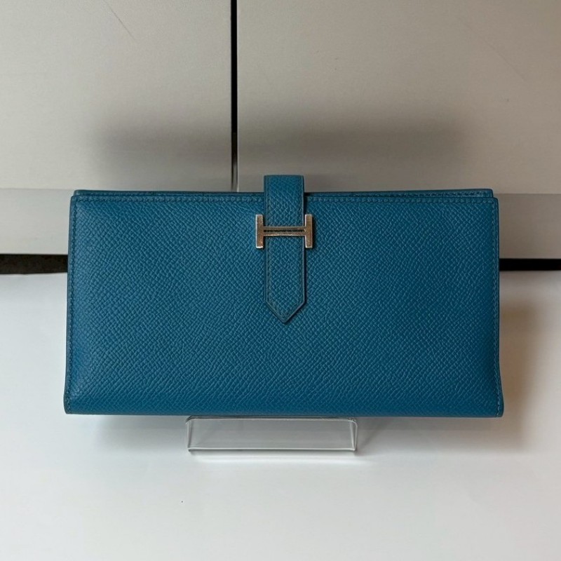 Hermes 銀H釦藍皮長夾-0