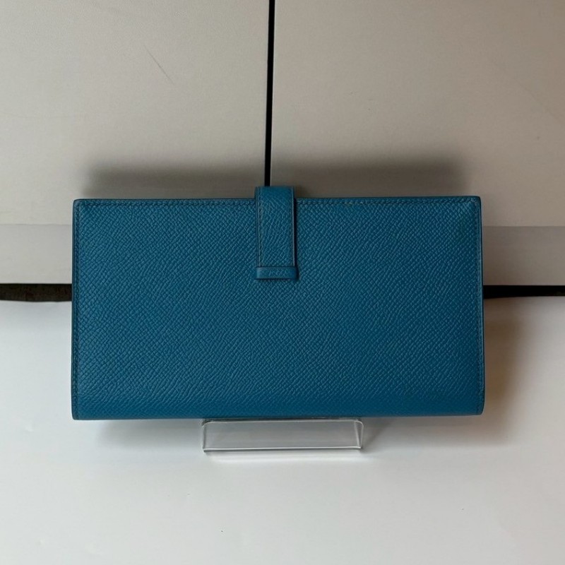 Hermes 銀H釦藍皮長夾-1