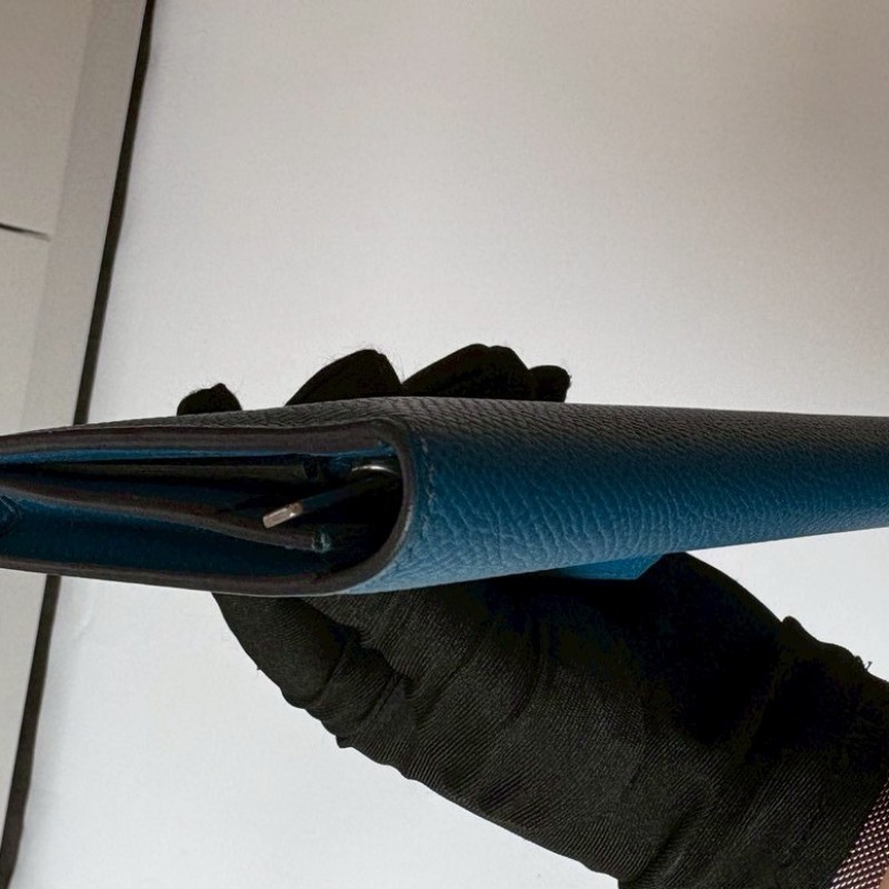 Hermes 銀H釦藍皮長夾-7