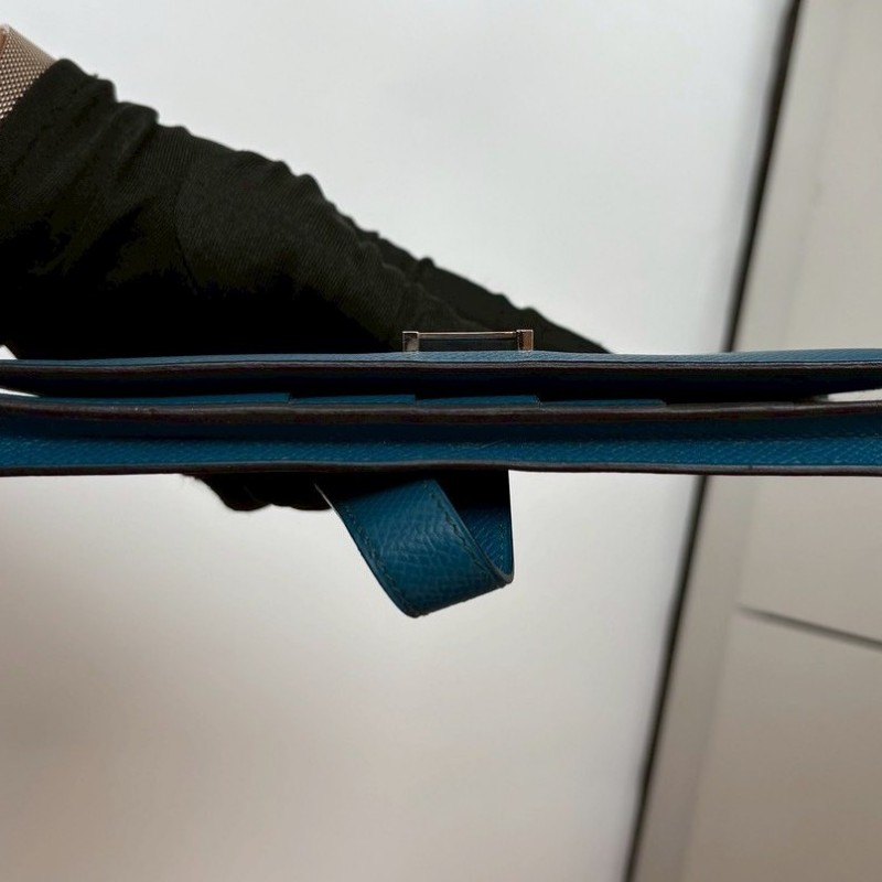 Hermes 銀H釦藍皮長夾-8