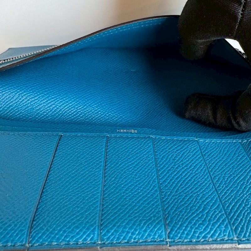 Hermes 銀H釦藍皮長夾-11
