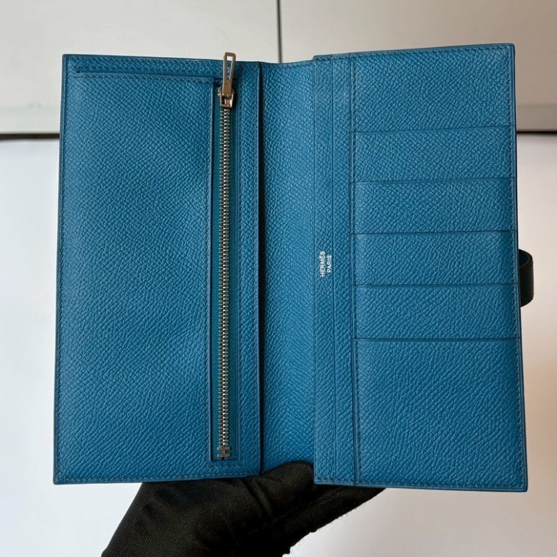 Hermes 銀H釦藍皮長夾-15