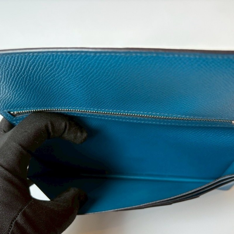 Hermes 銀H釦藍皮長夾-16