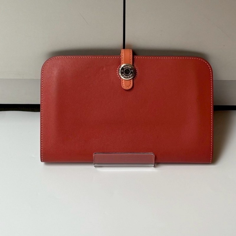 Hermes 銀圓釦粉橘拼磚色皮革長夾-0