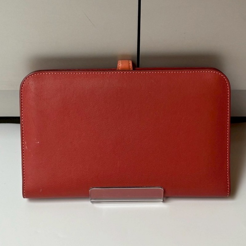 Hermes 銀圓釦粉橘拼磚色皮革長夾-1