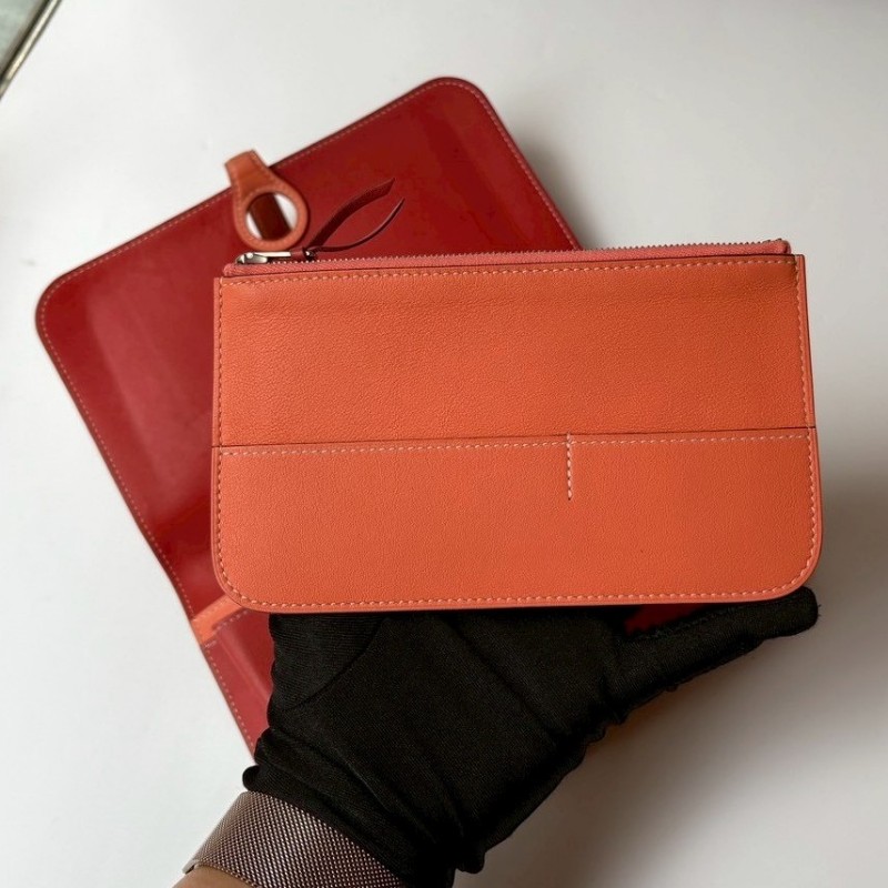 Hermes 銀圓釦粉橘拼磚色皮革長夾-3