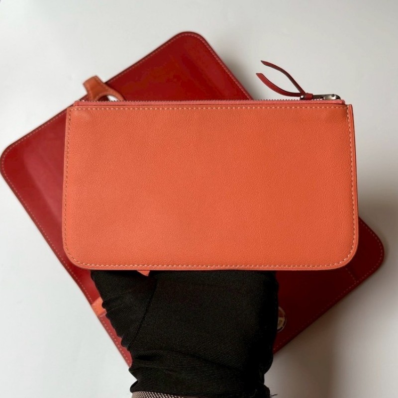 Hermes 銀圓釦粉橘拼磚色皮革長夾-4