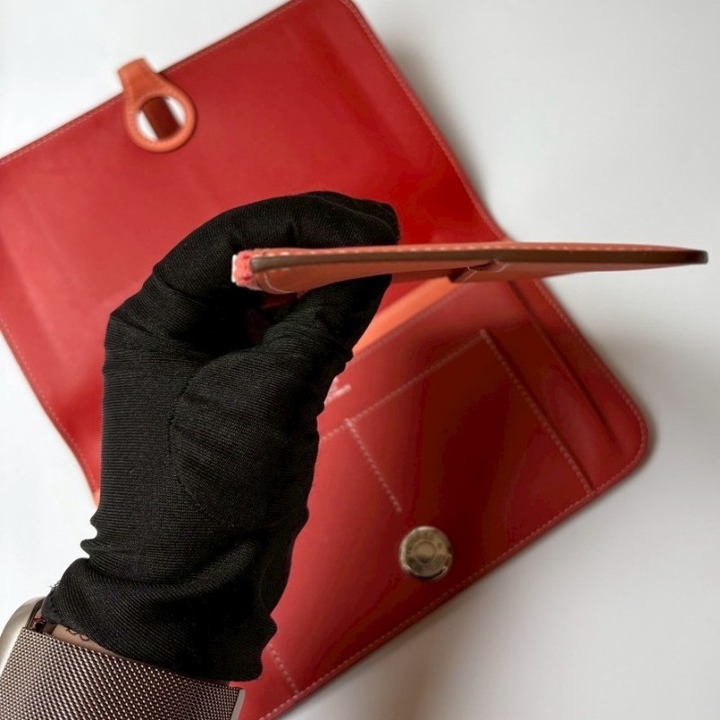 Hermes 銀圓釦粉橘拼磚色皮革長夾-6