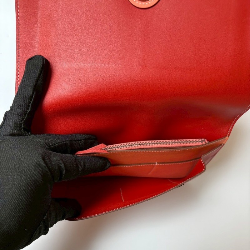 Hermes 銀圓釦粉橘拼磚色皮革長夾-7