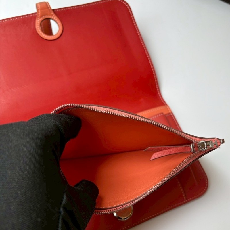 Hermes 銀圓釦粉橘拼磚色皮革長夾-10