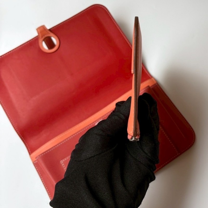 Hermes 銀圓釦粉橘拼磚色皮革長夾-20