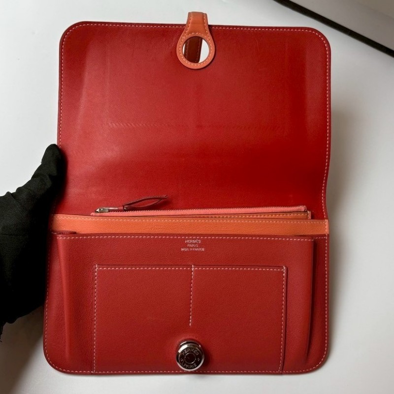 Hermes 銀圓釦粉橘拼磚色皮革長夾-22