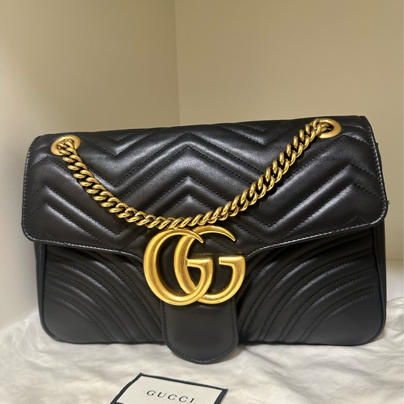 GUCCI GG MARMONT 30公分 雙G金鍊翻蓋包 黑金搭配-1