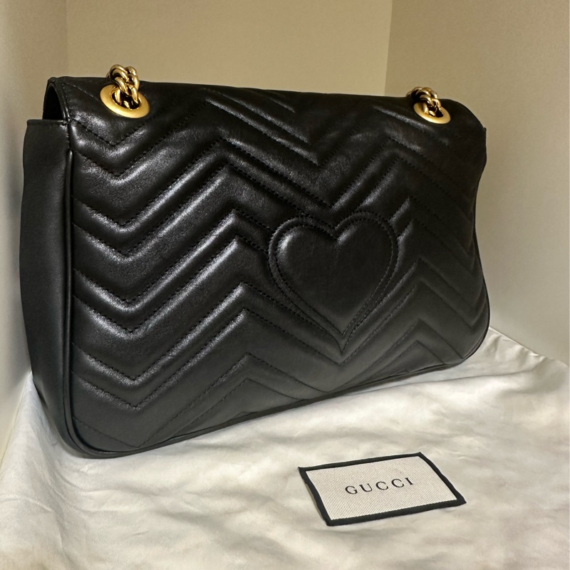 GUCCI GG MARMONT 30公分 雙G金鍊翻蓋包 黑金搭配-2