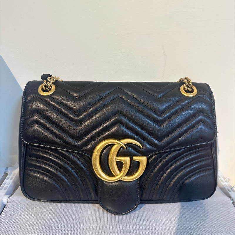GUCCI GG MARMONT 30公分 雙G金鍊翻蓋包 黑金搭配-5