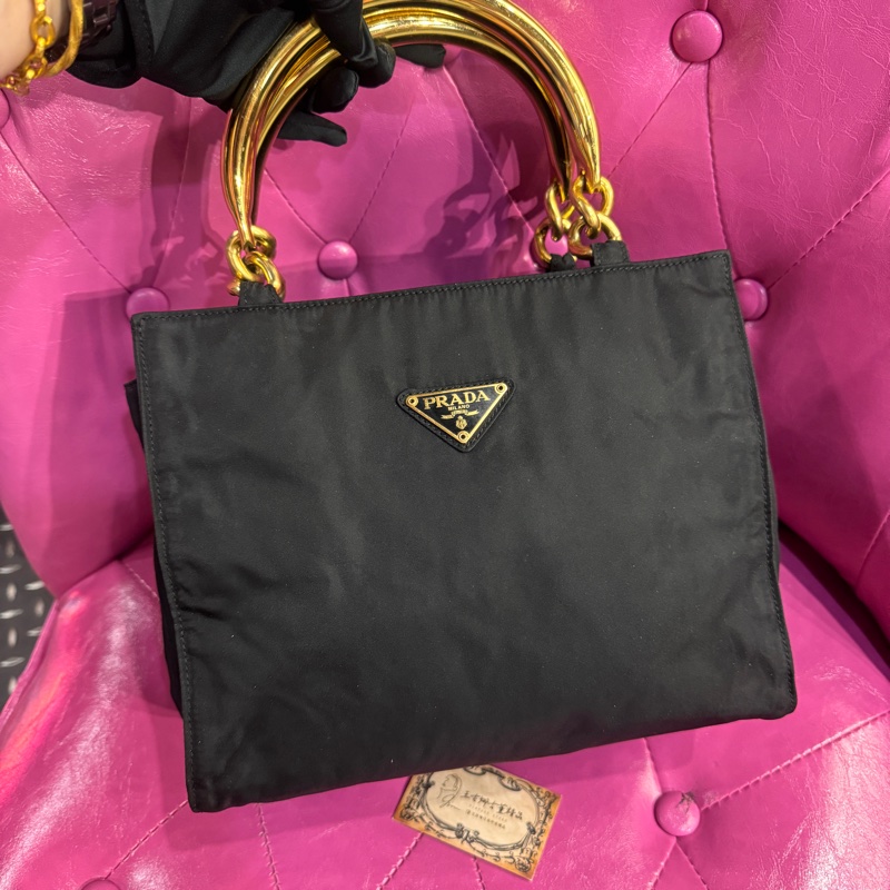 Prada 帆布黑金手提包/掛背帶可斜背/王吉娜古董精品-0