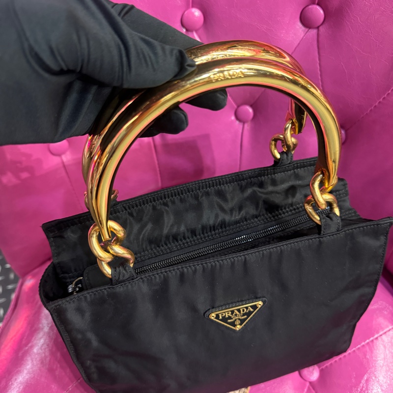 Prada 帆布黑金手提包/掛背帶可斜背/王吉娜古董精品-1