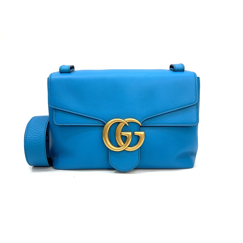 Gucci 松石藍牛皮霧金Marmont下蓋寬肩斜包-0
