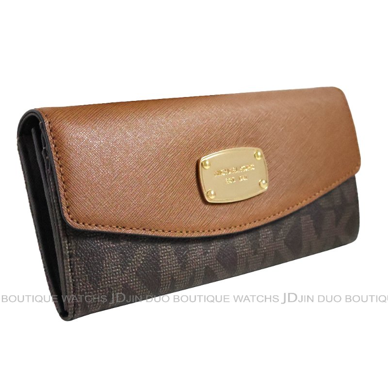 金鐸精品~2463 MICHAEL KORS MK 深棕色PVC掀蓋金牌長夾全新品-2
