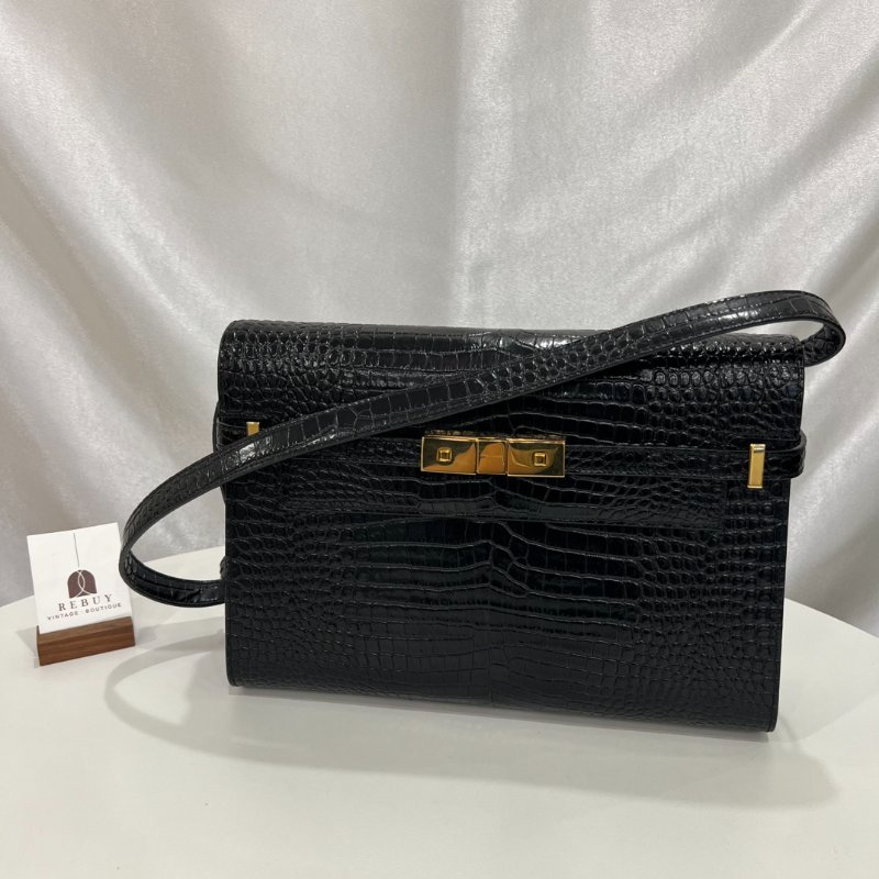 YSL 579271 黑鱷魚壓紋曼哈頓中號-0