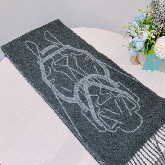 TK1758 HERMES 愛馬仕馬具圖案全羊毛頸巾TETE-A-TETE EQUESTRE SCARF CASHMERE 25CM X 170CM-6