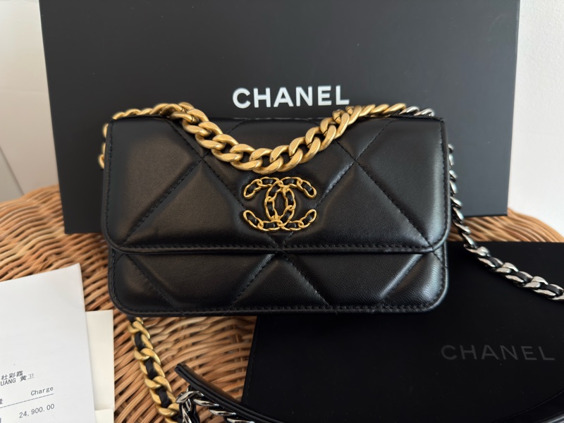 全新CHANEL黑色羊皮金銀雙鏈19手機包AP3067-1