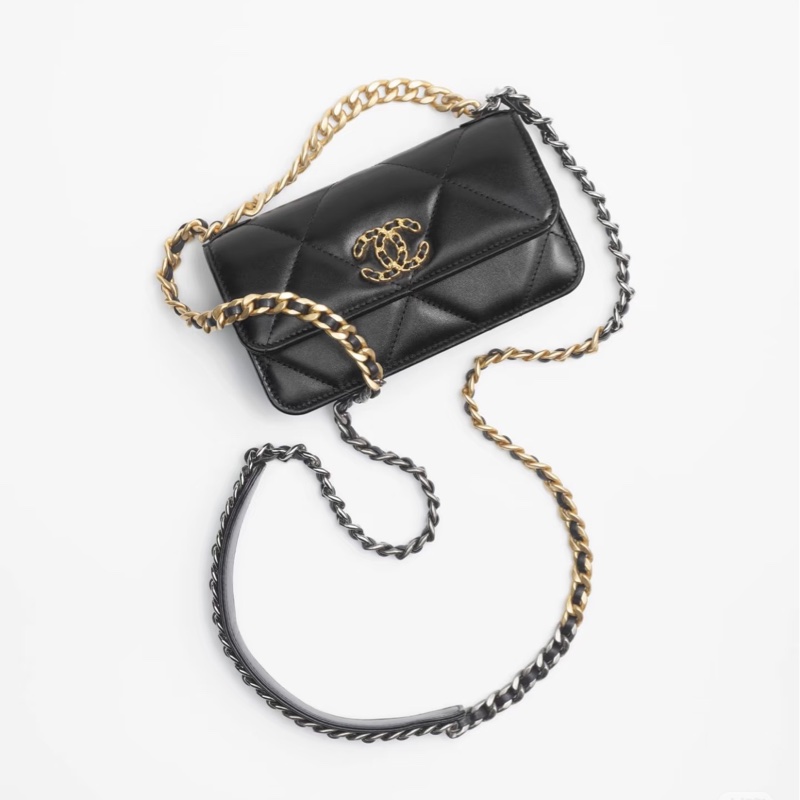 全新CHANEL黑色羊皮金銀雙鏈19手機包AP3067-13