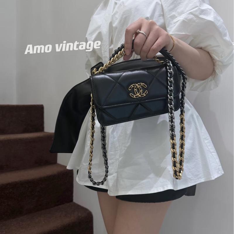 全新CHANEL黑色羊皮金銀雙鏈19手機包AP3067-14