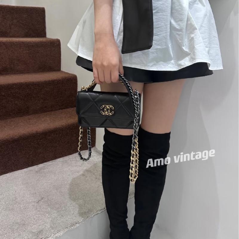 全新CHANEL黑色羊皮金銀雙鏈19手機包AP3067-15