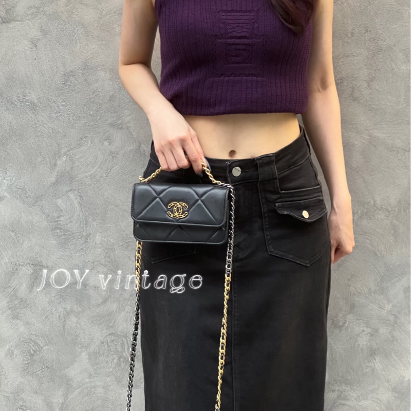 全新CHANEL黑色羊皮金銀雙鏈19手機包AP3067-16