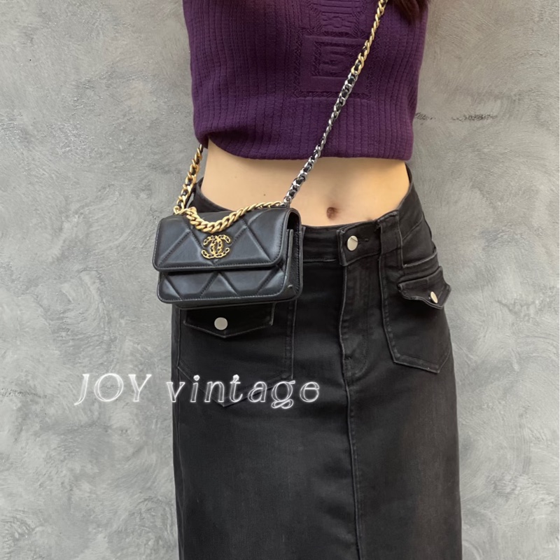 全新CHANEL黑色羊皮金銀雙鏈19手機包AP3067-17