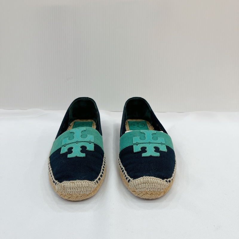 莉亞精品♡ TB 平底帆布草編鞋 深藍色x藍綠 全新閒置品-2