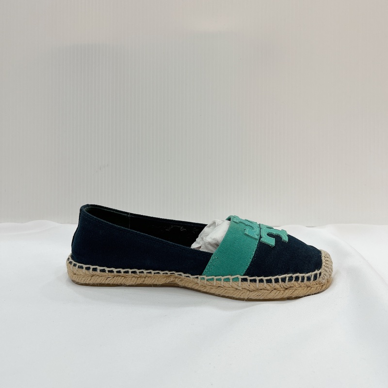莉亞精品♡ TB 平底帆布草編鞋 深藍色x藍綠 全新閒置品-5