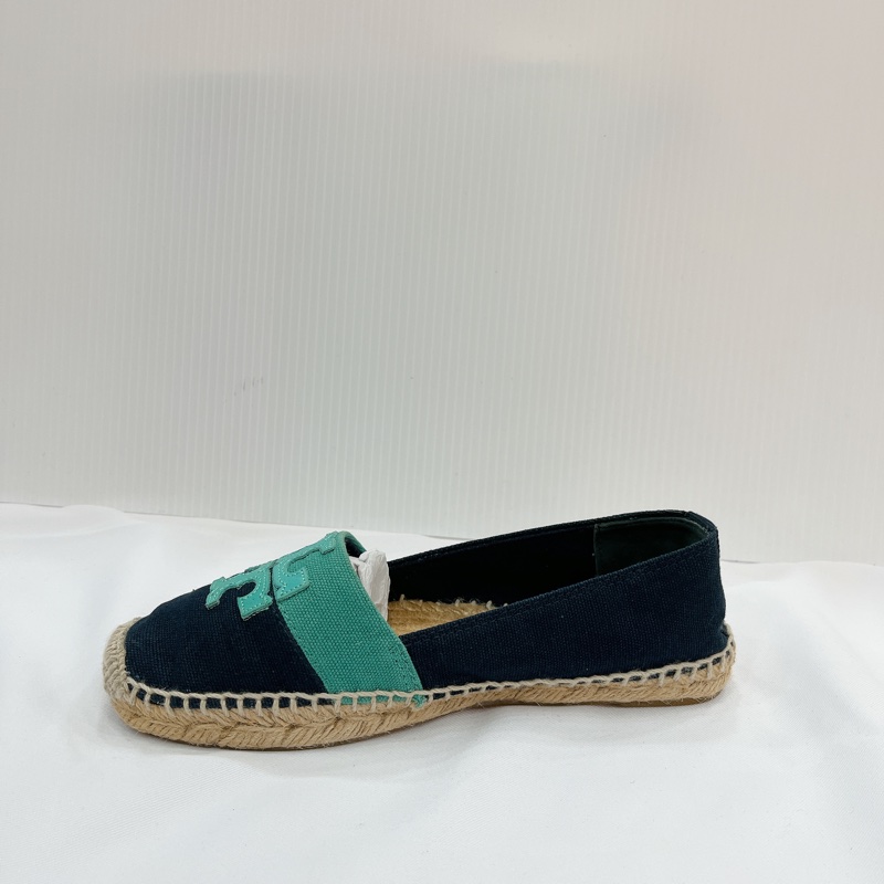莉亞精品♡ TB 平底帆布草編鞋 深藍色x藍綠 全新閒置品-7