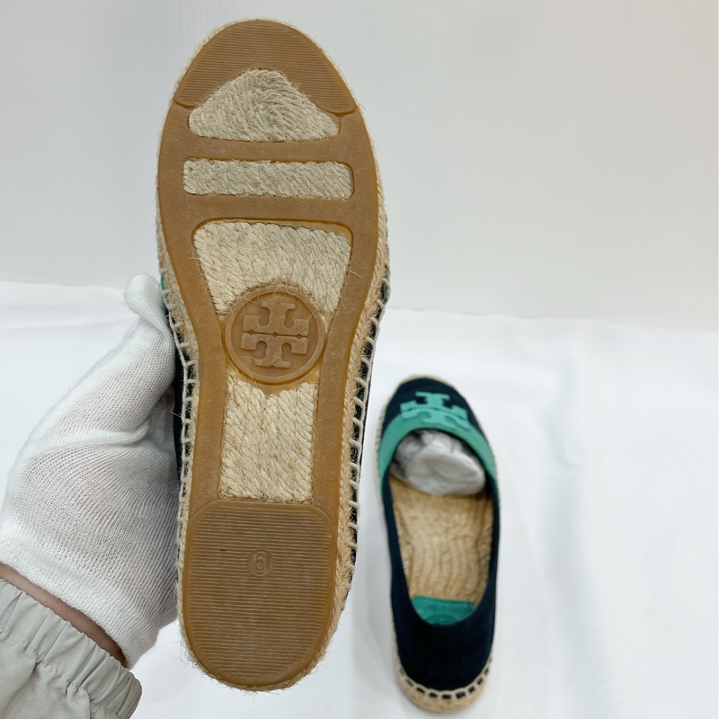 莉亞精品♡ TB 平底帆布草編鞋 深藍色x藍綠 全新閒置品-9