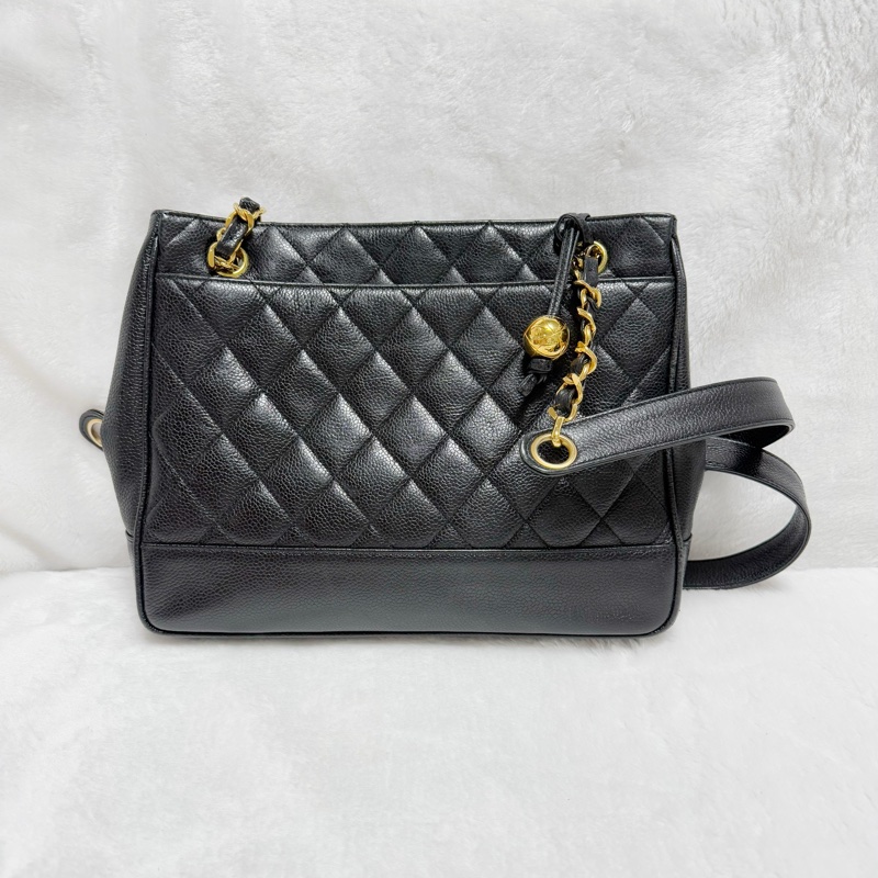 🔥 全網最低價金球肩背包🔥9新Chanel香奈兒金球vintage老香肩背包古董包 黑金荔枝皮 金球托特包 奶粉包 香奶奶-0