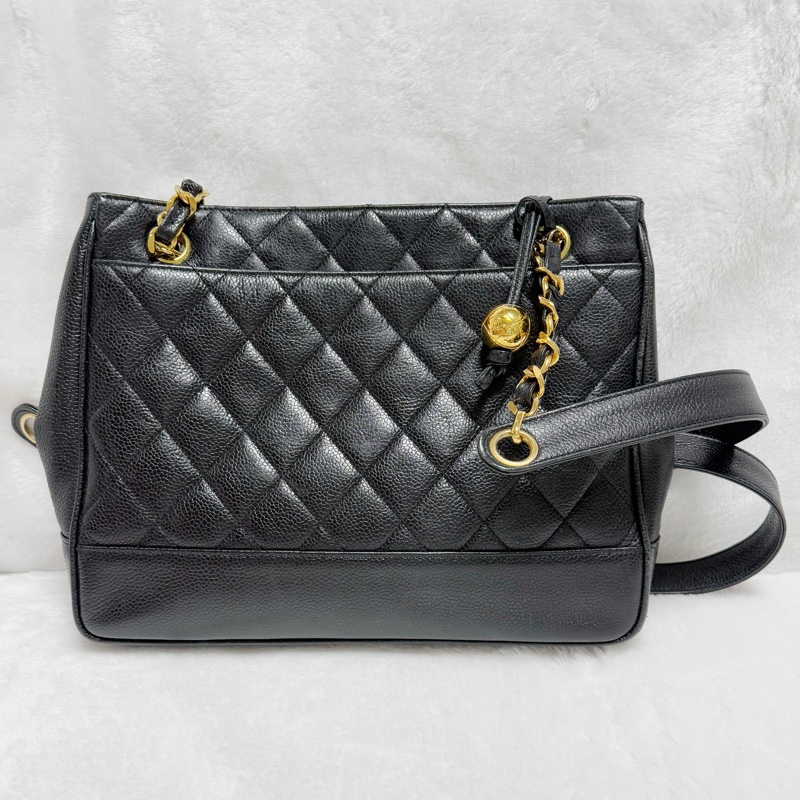 🔥 全網最低價金球肩背包🔥9新Chanel香奈兒金球vintage老香肩背包古董包 黑金荔枝皮 金球托特包 奶粉包 香奶奶-5