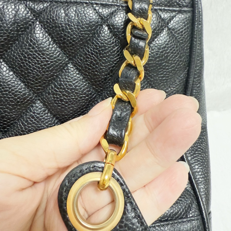 🔥 全網最低價金球肩背包🔥9新Chanel香奈兒金球vintage老香肩背包古董包 黑金荔枝皮 金球托特包 奶粉包 香奶奶-24