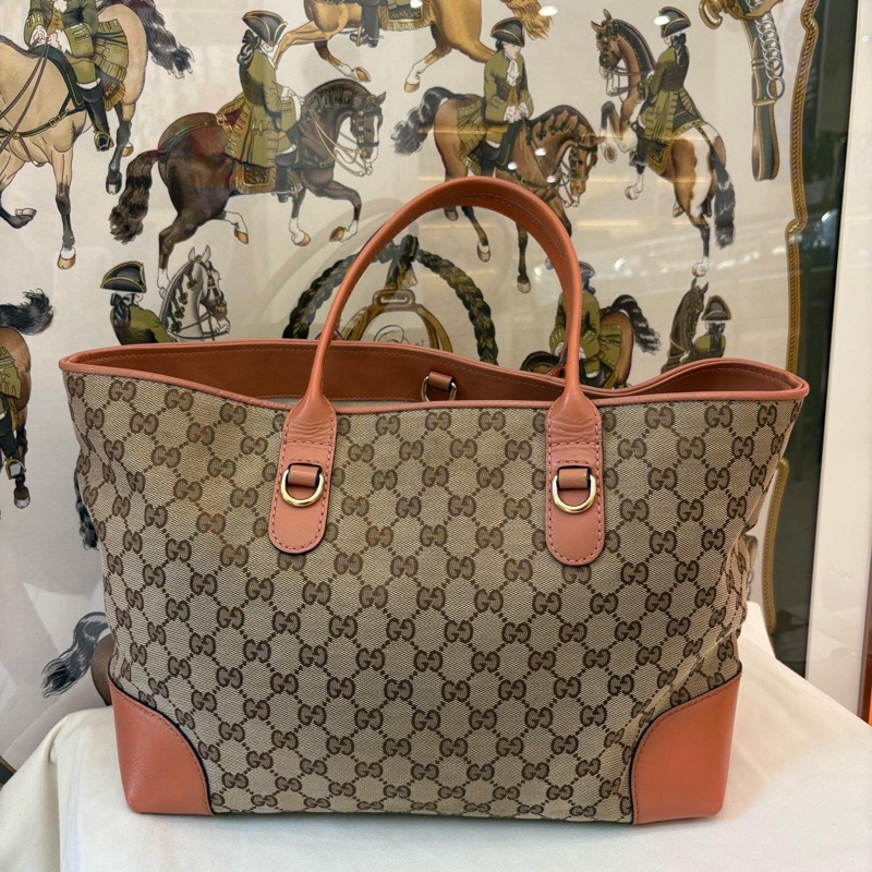 GUCCI古馳 托特包 老花烏木色帆布拼皮手提包-1