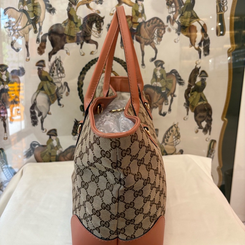 GUCCI古馳 托特包 老花烏木色帆布拼皮手提包-3