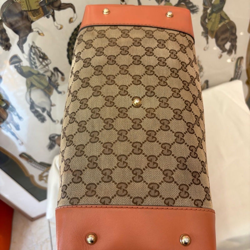 GUCCI古馳 托特包 老花烏木色帆布拼皮手提包-4